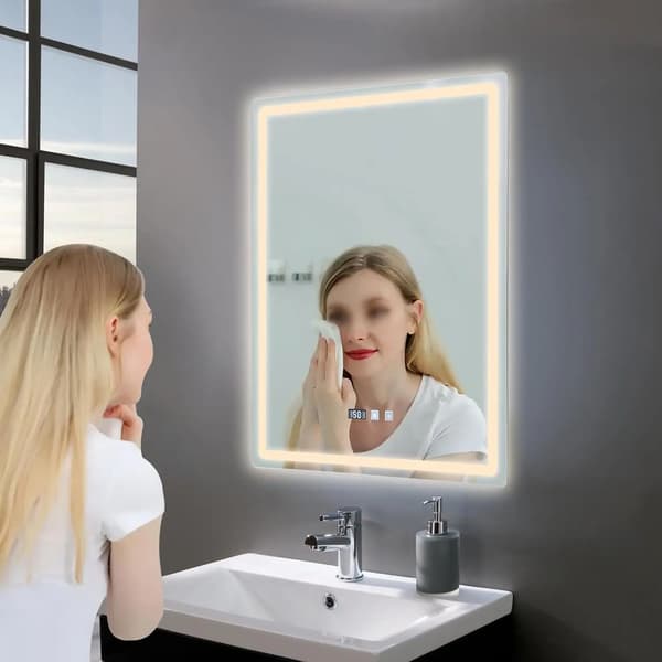 Badrumsspegel - Rektangulär LED-spegel - Tid- och temperaturdisplay - Touchknapp - Väggmonterad - Silver