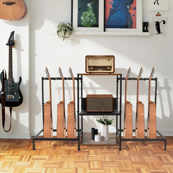 Gitarrställ gitarrack - Multigitarrställ - Golvstående - 3-vånings förvaring med hylla - Mjuk vaddering - Rektangulär - Svart