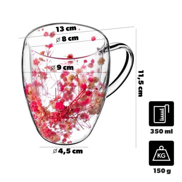 Tekop - Glaskrus - 350 ml - Blomstermotiv - Pink