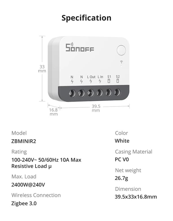 Smart Zigbee-reläbrytare - ZBMINIR2 - 2-pack - Zigbee 3.0 - Extern brytaringång - 100–240 V - 10 A - Vit