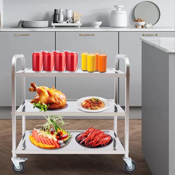 Serveringsvagn & Köksvagn - 3 hyllplan - Rostfritt stål - Hjul med broms - Rektangulär - Montering krävs - Silver