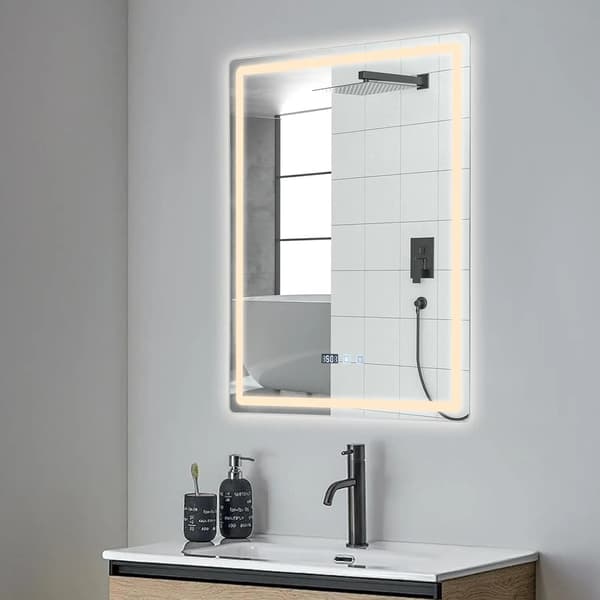 Badrumsspegel - Rektangulär LED-spegel - Tid- och temperaturdisplay - Touchknapp - Väggmonterad - Silver