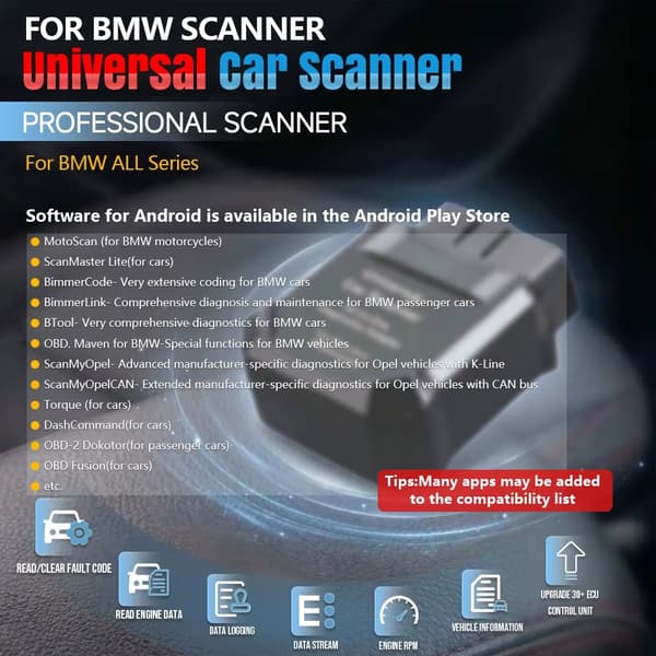Universal bilscanner - OBD2-diagnoseinterface - UCS 10-benet - Bluetooth 4.0 - Til Android/iOS - Til BMW-motorcykler - BimmerCode/BimmerLink/MotoScan