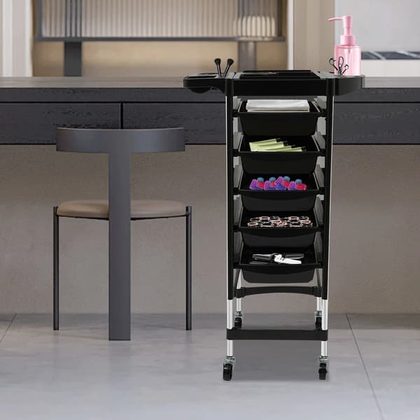 Frisørvogn - Rektangulær Salonvogn - 6 Niveauer - 5 Udtræksskuffer - 36×90 cm Plast - Sort