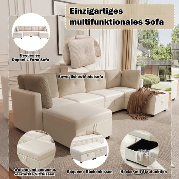 Modulär U-formad soffa - Vardagsrumssoffa - Med Förvaring - Högdensitetsskum - Sammetstyg - Beige