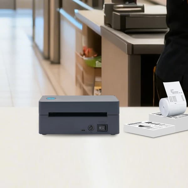 Etiketprinter - Bærbar termisk fragt/stregkode - USB + Bluetooth - 101,6×152,4 mm - 30–110 mm bredde - EU-stik - iOS/Android/Windows/Mac