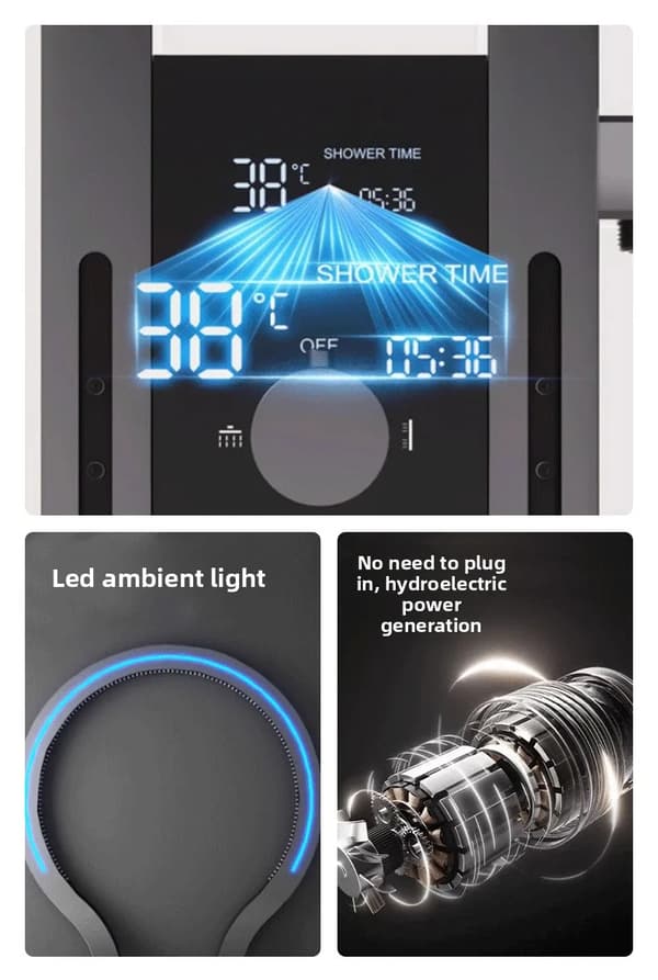 Väggmonterat duschsystem - Duschpanel - LED-belysning - Digital display - Vattenfall - Spa-sidodusch - Rostfritt stål - Mörkgrå