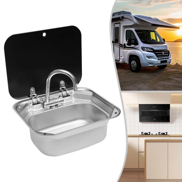 Vask til autocamper/husvogn - Kompakt vask - Rektangulær 41 x 36,5 cm - Foldbart glaslåg - 304 rustfrit stål - Armatur & rør - Sort