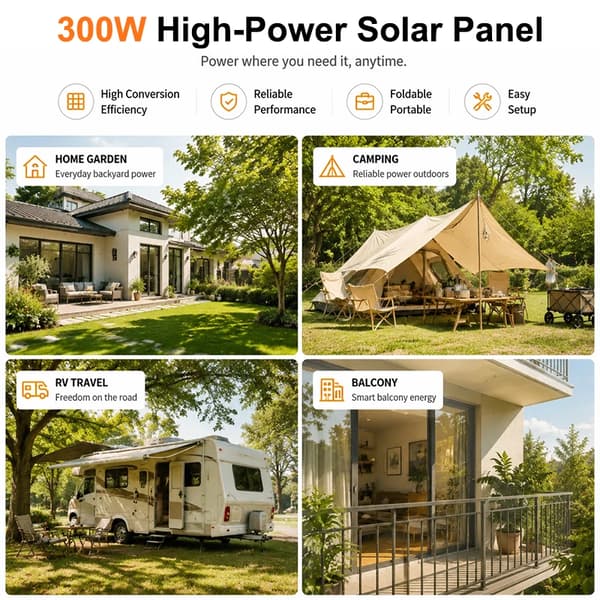 300W bærbart solpanel - Foldbart solcellepanel sæt - Vandtæt - Soloplader til power station - Til camping & udendørs brug - Sort