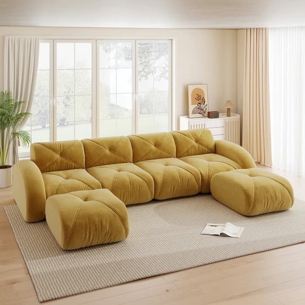 Modulær sofa til stuen - Sofasæt i chenille - 2 matchende puffer - Moderne design - Skal samles - Gul