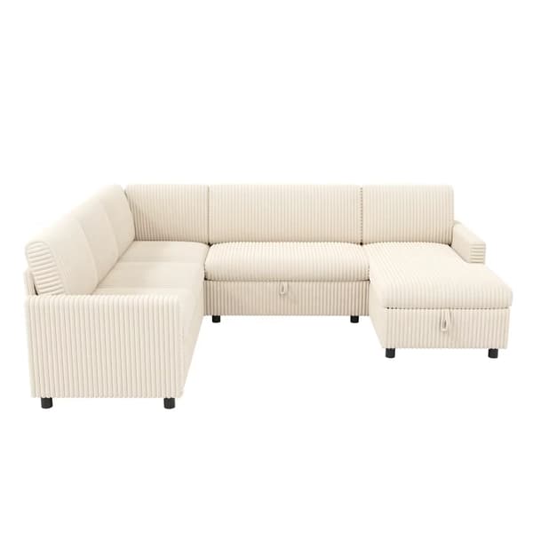 Hörnsoffa - Bäddsoffa - U-formad - 5 Sitsar - Manchestertyg - Utdragbar Sovfunktion - Dold Förvaring - Beige