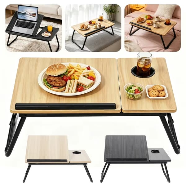 Laptopbord - Foldbart lap desk - Vippebart - Justerbart - Kopholder - Til seng og sofa - Valnød