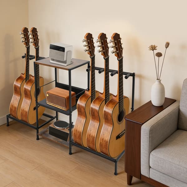 Gitarrställ gitarrack - Multigitarrställ - Golvstående - 3-vånings förvaring med hylla - Mjuk vaddering - Rektangulär - Svart