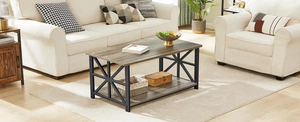 Soffbord - Rektangulär - 2 hyllplan - X-formade metallben - Trä - 100x52 cm - Ljusgrå