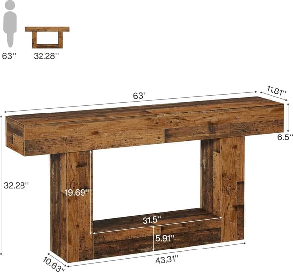Konsolbord - Entrébord - Længde 160 cm - Dybde 30 cm - Rektangulær - Træ - U-formet Base - Rustic Mixed Brown