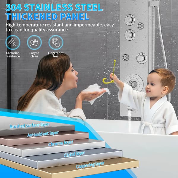 5-i-1 Brusepanel - Brusesystem med overhead bruser - Massagejets - Håndbruser - Karhane - 304 rustfrit stål - LED lys - Sølv