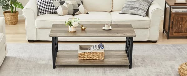 Soffbord - Rektangulär - 2 hyllplan - X-formade metallben - Trä - 100x52 cm - Ljusgrå