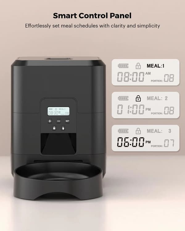 Automatisk foderautomat til kat og hund - 2L tørfoderdispenser - Programmerbar timer - Knapstyring - LCD-display - 5V USB - Sort