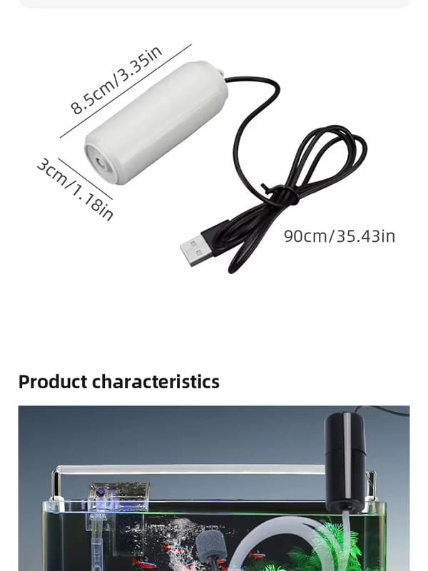 Tyst syrepump för akvarium - Mini luftpump - USB-driven - 1 W - Portabel - Plast - Bältesfäste