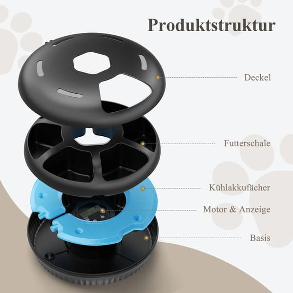 Automatisk kattefoderautomat - Vådfoder - Kølefunktion - 6 måltider - Batteridrevet uden batterier - Sort