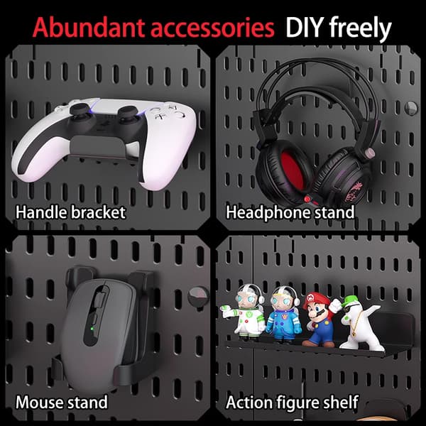 Kontor pegboard organizer - Gamepad og controller holder - Højdejusterbart beslag - Til opbevaring og display af controller - PP-plast - Sort