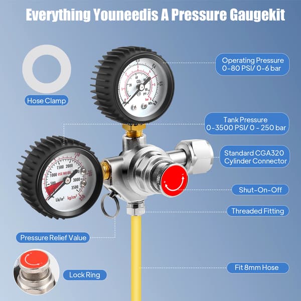 CO2-tryckregulator för öltapp - Tryckreducerare - Dubbel manometer - W21.8 gänga - CE-certifierad - Silver