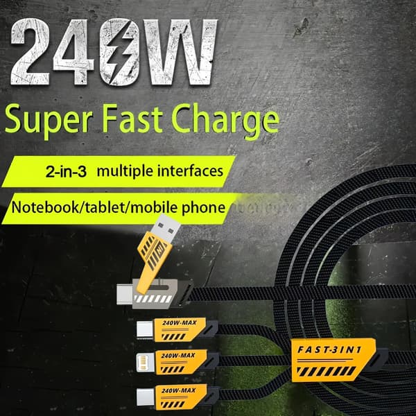 Multi USB Opladerkabel - 3-i-1 Hurtigladekabel - 240W 3A - 1,2 m - Til iPhone Huawei USB-C Micro USB - Sort