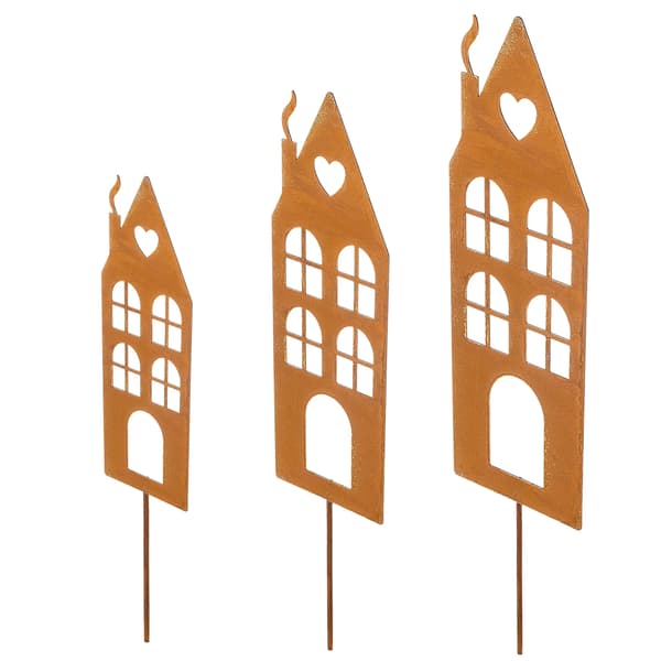 Havepynt - Hus på pind - Cortenstål - Rustlook - Retro stil - 1 stk - Brun