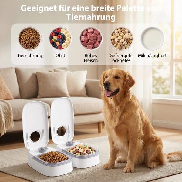 Automatisk kattefoderautomat 2 måltider - Foderdispenser til kat og lille hund - 48-timers timer - 2x350 ml 700 ml samlet - Batteridrevet - Til våd- og tørfoder
