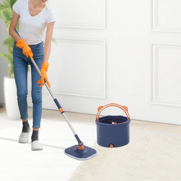 360° Spinmoppe & Spand - Spin Moppesæt - Dobbelt Rent/Snavset-Vand - Selvseparerende System - Skaft i Rustfrit Stål - Moppe i Polyester - Blå