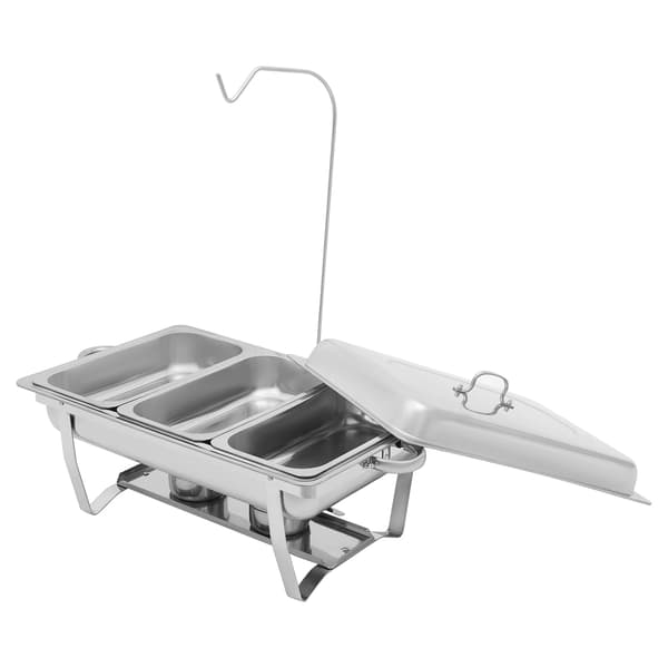 Buffet-madvarmer i rustfrit stål - Rektangulær chafing dish - 3 bakker - Med låg - Til catering & buffet - Sølv