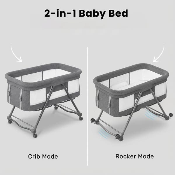 Foldbar 4-i-1 babyseng - Rejseseng og bedside-vugge - Vuggefunktion - Støjsvage hjul - 0–1 år - Grå Basic