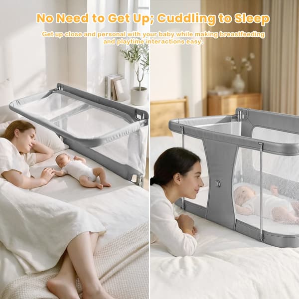 Baby bedside krybbe - Sideseng til samsovning - Bærbar babyseng - Åndbart netpanel - Med myggenet - Grå