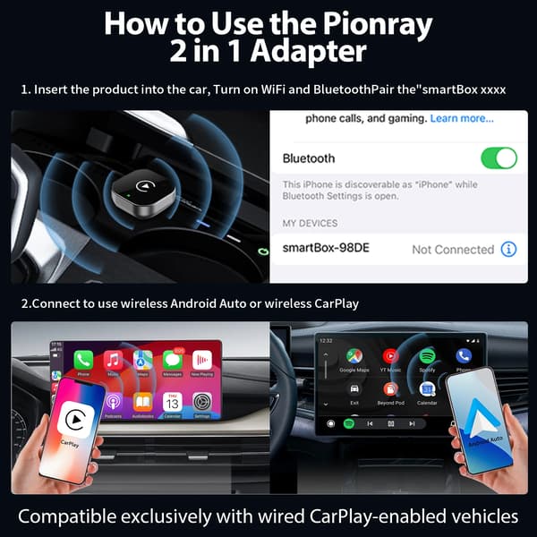 2-in-1 langaton CarPlay- ja Android Auto -sovitin - Autoadapteri - 5 GHz WiFi - USB ja Type-C - Plug & Play - Musta