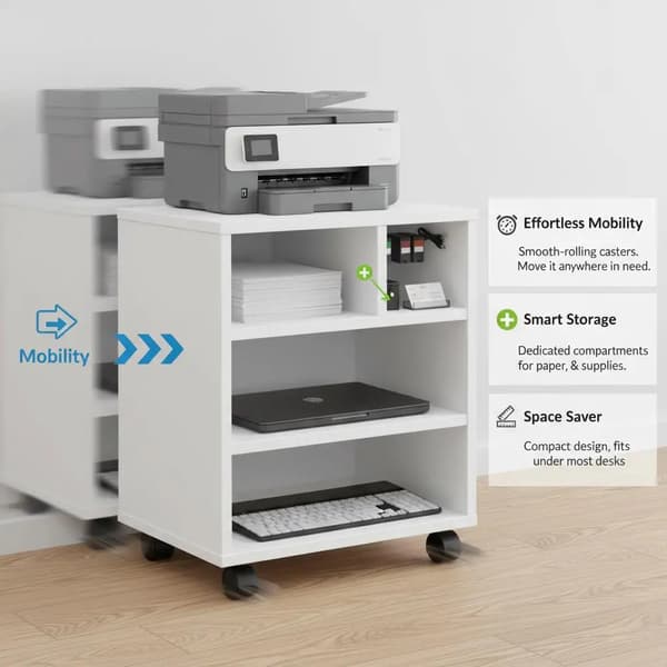 Printerbord / printervogn - Printerstativ - 41x32x48 cm - Spånplade - 4 hjul (2 med bremse) - Stor opbevaring - Hvid