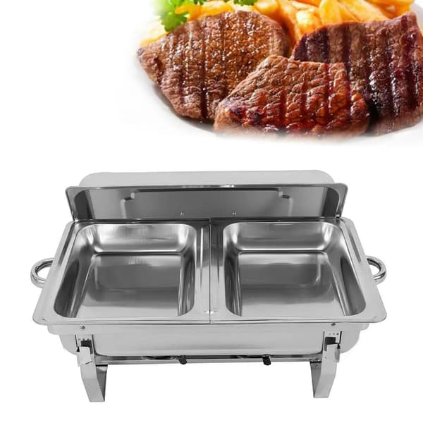 Chafing Dish Buffet Sæt - Rektangulær Buffetvarmer - 2 Rum - Rustfrit Stål - Sammenklappelig - Til Catering & Buffet