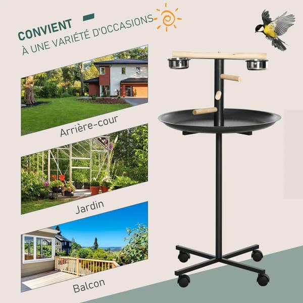 Fuglefoderhus - Foderstation til havefugle - 4 kroge 2 rustfri skåle - Ø60 cm højde 111 cm - Grå