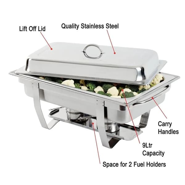 Buffetvarmer - Chafing dish - Rektangulær, rustfrit stål, med indsatsbakker, catering/servering, 1 stk - Sølv