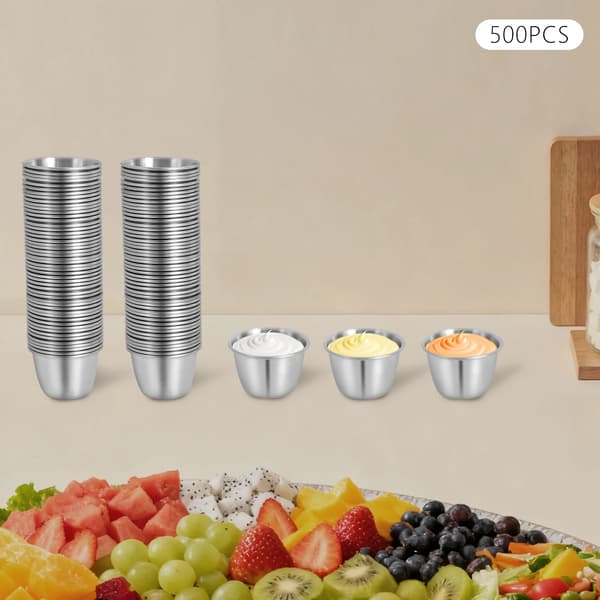 Sovsekopper i rustfrit stål 304 - Mini condimentkopper - 500-pak - 70 ml pr. kop - Stabelbare - Børstet/mat finish - Sølv