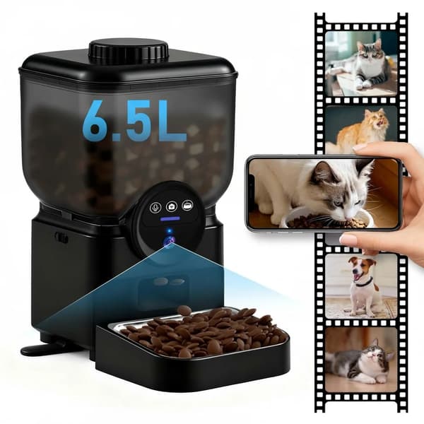Automatisk kattefoderautomat - Smart WiFi foderdispenser - App-styring, Kamera, Kapacitet 6,5 L, Genopladelig, Rustfrit stål - Sort