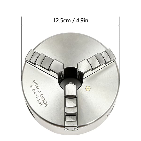 Svarvchuck - 3-back chuck - 125 mm diameter - Manuell drift - 3 käftar - Max 3000 varv/min - Silver