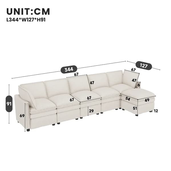 Modulär soffa - L-formad hörnsoffa - Sovfunktion - 6-sits - Chenille - Modern stil - Beige