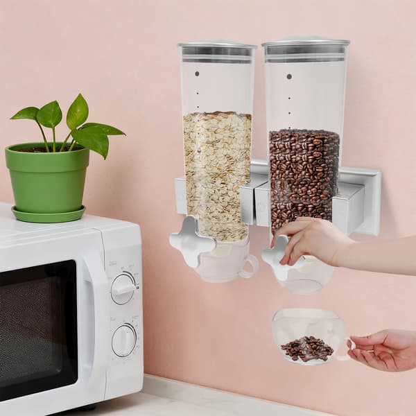 Vägghängd matbehållare - Torrfoderdispenser 3L - Dubbel behållare - 2 mätkoppar - För spannmål och djurfoder - 29x15x30 cm