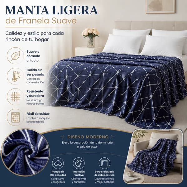 Geometrisk flanneltæppe - Senge- og sofatæppe - Let - Åndbart - 100 % Polyester - Trykt Mønster - Marineblå - 130 x 160 cm
