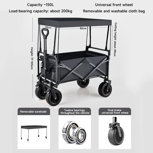 Robust sammenklappelig vogn - Camping- og strandvogn - Høj bæreevne - Foldbart design - Med solskærm - Sort
