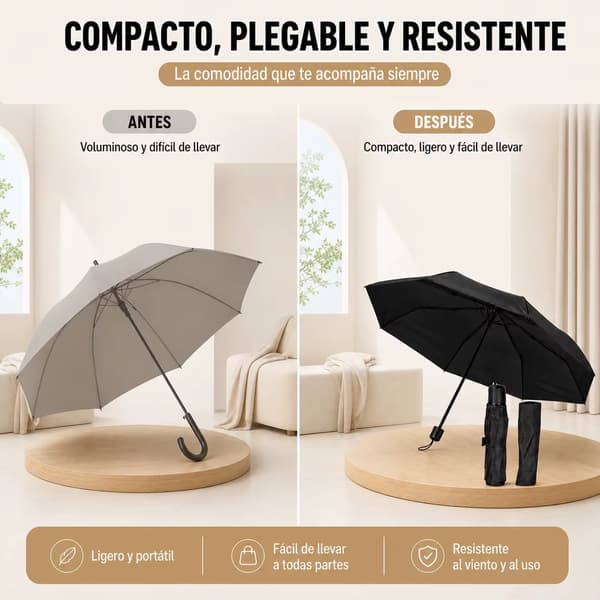 Sammenklappelig paraply - Kompakt regnparaply - 5 paneler - 95 cm diameter - 24 cm sammenfoldet - Stålkonstruktion - Sort