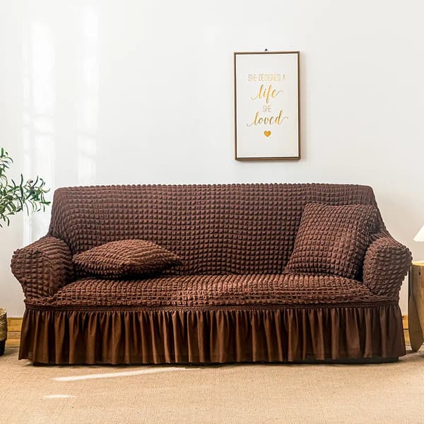 Bubble Sofföverdrag - Elastiskt Soffskydd Med Volang - Helöverdrag För Soffa - Polyester Tyg - Passar 3-Sits 190–230 cm - Kaffebrun
