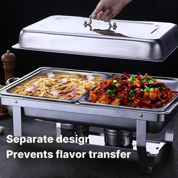 Buffet madvarmer - Chafing dish - Rustfrit stål - Rektangulær - Med låg, vandbakke, madbeholder, stativ, brænderholder - 1 stk - Sølv