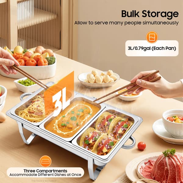 Chafing Dish Buffet - Serveringsvarmer - 3 x 3 L Bakker - 410 Rustfrit Stål - Rektangulær - Sølv