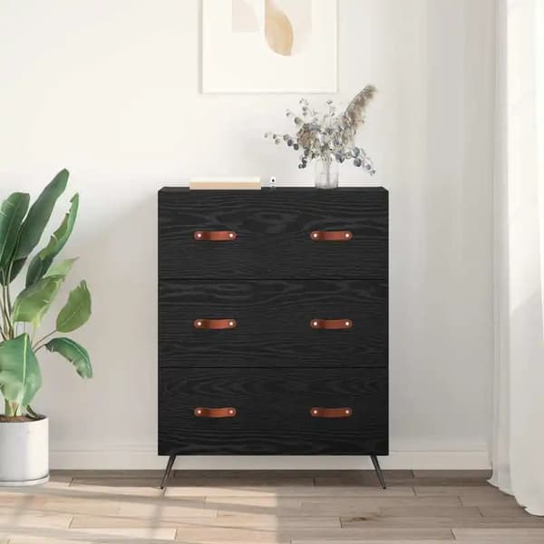 Kommode i egetræ - Skuffekommode - 69,5 x 34 x 90 cm - Trækomposit - Til opbevaring af småting - Sort